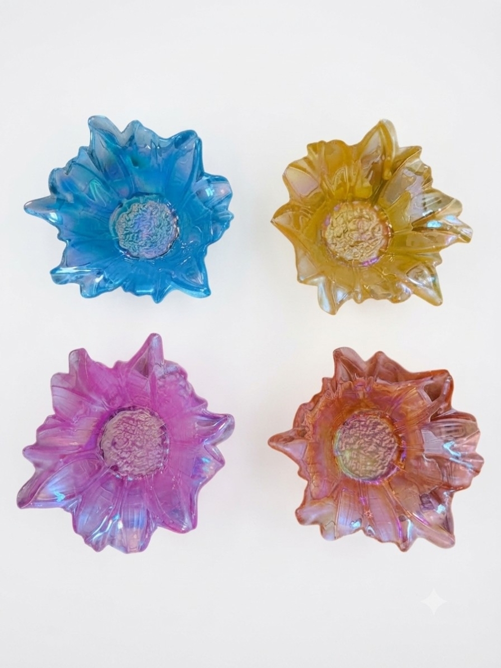 Vintage Y2K Akcam Turkish Iridescent Glass Colorful Flower Bowls Set of 4